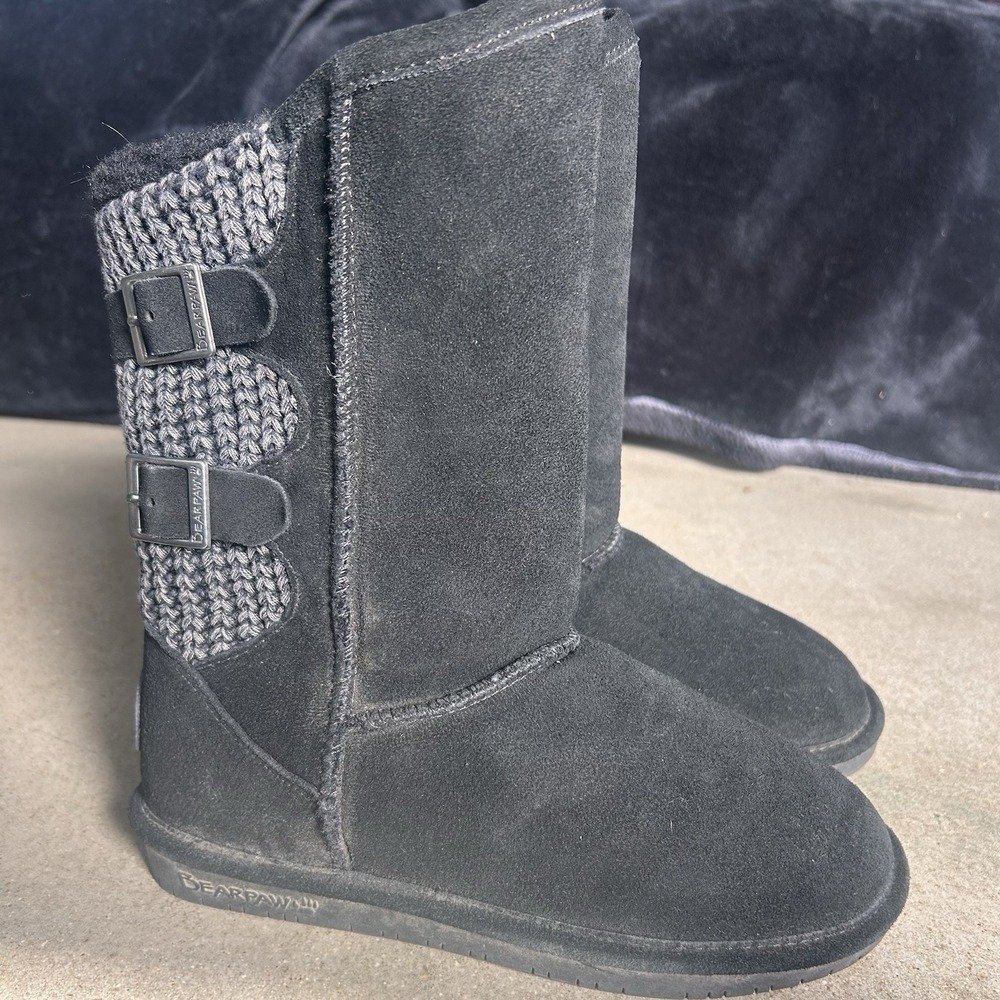 BEARPAW Women's Knit-Back Boshie Suede Boots - Black  Sz 7 New W Defects